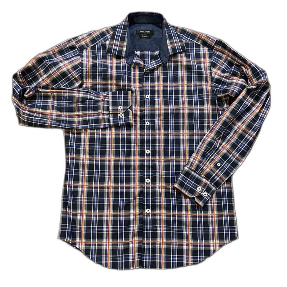 Bugatchi Men's Blue Shaped Fit Long Sleeve Button Up Shirt Size S